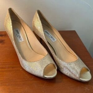 Jimmy Choo champagne, metallic open toe kitten heels Italian size 38 1/2 US 8.5